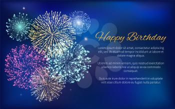 Happy Birthday greeting card with wishes and sample text. Fireworks at night sky. Decoration with calligraphic inscription. Holidays celebration with pyrotechnics exploding in dark. Vector in flat