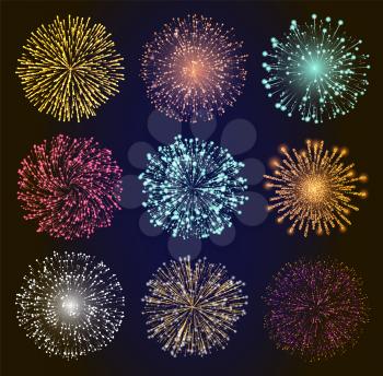 Collection of bright fireworks. Set of pyrotechnics for celebration of holidays and parties. Decor for cards designs and web. Festivals and carnivals effects at night sky. Vector in flat style