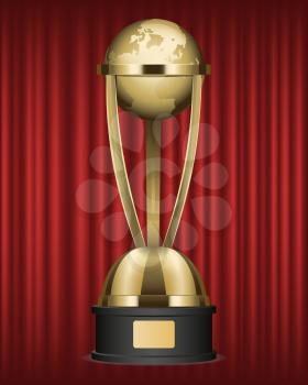 Award for winner vector, worldwide recognition and appreciation. Globe prize on pedestal with name of victor, red curtain background stand flat style