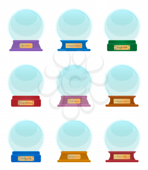 Holiday souvenirs with captions, hello winter and let it snow, snowy day and holly jolly. Transparent spheres isolated on white. Empty snowglobe made of glass. Xmas round shaped toy, vector
