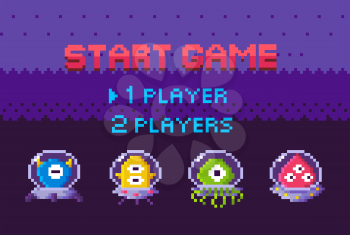 Galaxy pixel game vector, aliens wearing uniforms for protection. Start game question players choice, enemy fight arcade monsters with scary faces