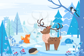 Deer and hedgehog, fox and bullfinch sitting on branch in winter forest. Landscape of woodlands with trees and bushes with berries. Reindeer at field with animals. Wintertime print vector in flat