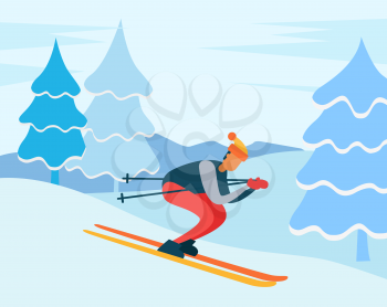 Man skiing downhill in winter forest. Ski resort path for training winter sports. Male wearing warm clothes and using special equipment. Landscape with trees and snowy peaks, frosty view vector