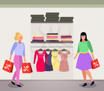 Discounts in fashion boutique. Women looking at clothes in shop. Female character carrying bag with purchase bought on used coupon. Reduction of price on dresses and jackets. Vector in flat style