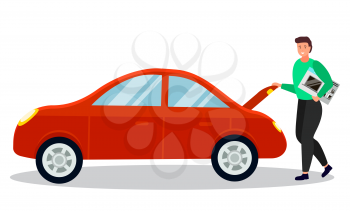 Man going home from shopping. Male putting microwave oven in back of vehicle. Character with new appliance for house. Shopping personage standing by automobile ready to go away. Vector in flat