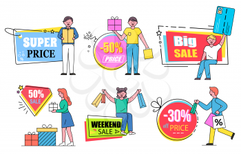 Big sale and super price from shops vector, isolated set of characters with purchases. Man and woman with presents for holidays. People buying items from store with proposal and special offers
