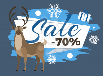 Promotional poster offering 70 percent reduction of price for clients of shops or stores. Deer animal and banner with calligraphic inscription. Present and snowflake ornaments vector in flat