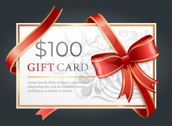 One hundred dollars gift card on black background. Template of paper discount with text tied with ribbon and bow. Present certificate on 100 bucks for purchase. Vector illustration in flat style