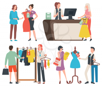 Shopping people vector, isolated woman holding dress, cashier at counter with client. Mannequin and man, tshirts, on hangers and customers with bags