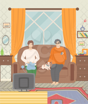 People spending time at home vector, man and woman with pet sitting on sofa flat style. Person watching television tv set listening, room interior