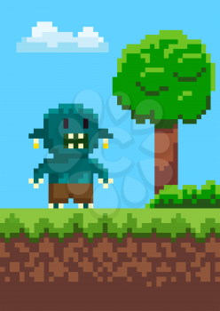 Orge with teeth standing on grass, geek character on ground, portrait view of monstrosity, green tree and cloudy sky, adventure map, pixel game vector