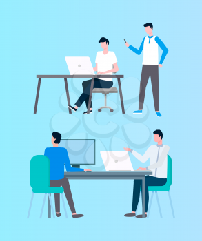 People working in office vector, boss giving tasks and controlling job development isolated set. Teamwork colleagues with project details on screens