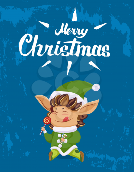 Merry christmas caption on poster, holiday greeting postcard. Elf in green costume hold lollypop in hand. Little boy, traditional santa helper with gifts for kids. Vector illustration in flat style