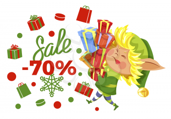 Sale 79 percent off promotional banner with elf and calligraphic inscription. Proposal from shop or store, reduction of price. Leprechaun with presents decorated with bows. Snowflake vector