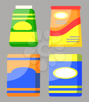 Groceries in store. Isolated set of packages and containers with emblems. Goods for market trade. Meal and food in cans with information on nutrition value. Vector in flat style illustration