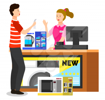 Man holding check at checkout counter, buying microwave and kettle kitchen equipments. Woman paymaster selling cooking appliances for male. People shopping in gadget store with big discounts vector