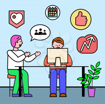 People working on new project. Teamwork of characters with laptop. Ideas of businessman boss and employee. Icons of calendar and heart, thumb up and increasing arrow vector in flat style illustration
