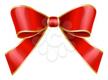 Red ribbon bow with golden borders. Isolated decorative element used in decoration of various items. Gifts presents boxes and cards decor, banners or brochure adornment. Vector in flat style