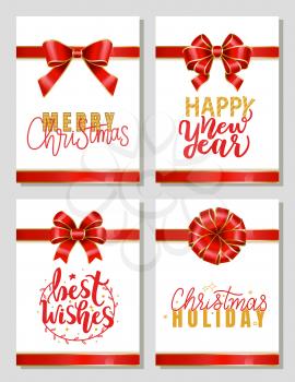 Set of decorative gift cards for Christmas and new year celebration. Creative postcards templates with calligraphic inscriptions and ribbon bows. Winter holidays greeting. Celebrating xmas eve vector