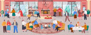 Home reception or house party, people eating and talking, children playing. Living room with fireplace interior, family and friends gathering. Characters having home dinner and speaking vector