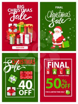 Poster and website of big Christmas sale and discount. Shopping advertisement of final retail and present symbol. Postcard decorated by gift box and Santa character, snowflake and Xmas toy vector