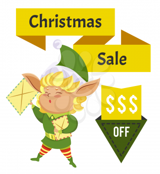 Christmas sale and price off mailing and notification, elf with letters or envelopes. Winter holiday discount, New Year special offer, dwarf in green costume. Fairy tale character vector illustration