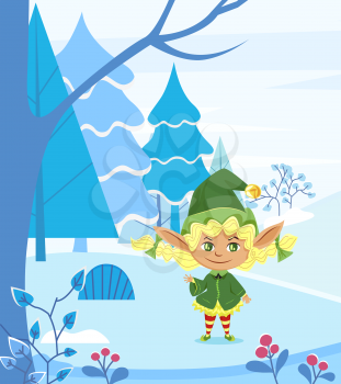 Elf character in festive clothes standing near snowy fir-trees. Happy fairy walking in snowfalling weather in forest. Winter holiday postcard with hero and blossom with spruce in blue color vector