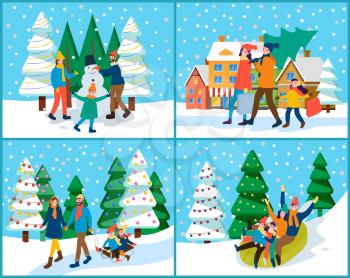 Four pictures of families that spend time actively together outdoor. Mother, father and their children making snowman or preparing for christmas, tubing or sledding. Vector illustration in flat style