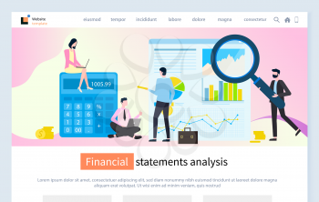 Financial statement analysis vector, people in office with magnifying glass calculator for statistics, business solution calculating data charts. Website or webpage template, landing page flat style