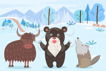 Characters animals in winter forest. Howling wolf and roaring bear, bull with furry coat. Cute personages in woodlands with trees covered with snow. Landscape of woodlands. Vector in flat style