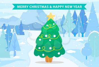 Winter greeting card Merry Christmas and Happy New Year with fir-tree traditional symbol. Xmas tree decorated by star and garland on snowy landscape. Festive poster with holiday lettering vector