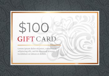 One hundred dollar gift card isolated on black background. Template of paper voucher with text and ornament. Decorated present certificate on 100 bucks for shopping. Vector illustration in flat style