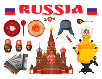 Russian culture borsch and porridge, ushanka hat, bayan and samovar recognizable symbol. Flat vector illustration set in cartoon style.