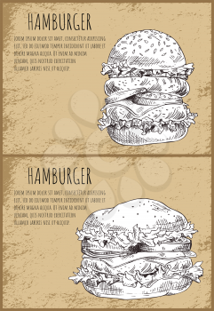 Hamburgers graphic art isolated on brown backdrop vector illustration of fast food, huge burgers with fatty meat cutlets salad leaves and vegetables