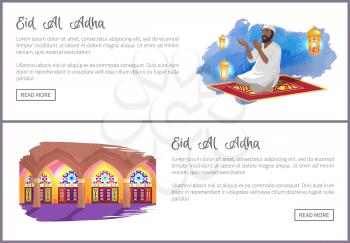 Eid Al Adha holiday Internet pages templates set. Man on carpet does religious ritual and mosque interior at web online banners vector illustrations.