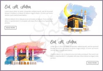 Eid Al Adha holiday online promo templates. Holy place to pray on sunset and under crescent. Muslim religious event commercial vector illustrations.