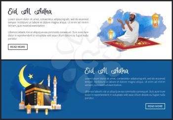 Eid Al Adha religious holiday promo Internet banners set. Muslim man prays on carpet and holy arabian style building at night vector illustrations.