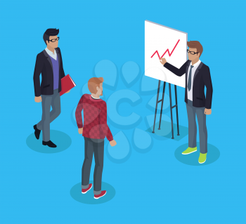 Presenter man on conference with businessman and freelance photographer. Presentation visualization of information data on whiteboard. Chart vector