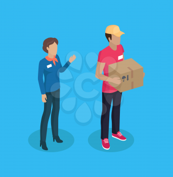Delivery man and manager woman with name badge on jacket. Lady with greeting gesture and deliverer holding parcel carton package 3d isometric vector