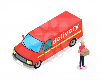 Delivery car and person wearing uniform of deliverer 3d isometric icons set. Delivering service automobile and person working with parcel in hand vector