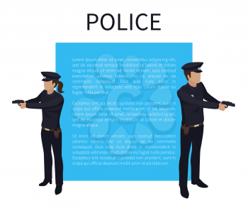 Police poster with policewoman and policeman officers with guns. Professional workers with badges cops bobby in uniform 3d isometric icons vector