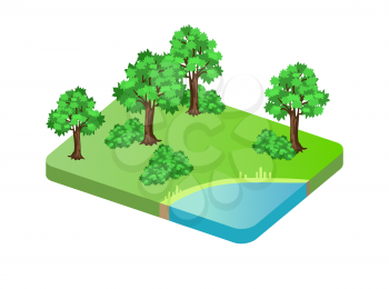 Trees and lake green field with grass lush lawn and pond. Forest tranquil landscape of countryside. Colorful 3d isometric icon isolated on vector