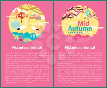 Mid autumn festival poster with traditional meeting chinese attributes. National red-crowned crane bird and cherry tree symbols vector festive cards.