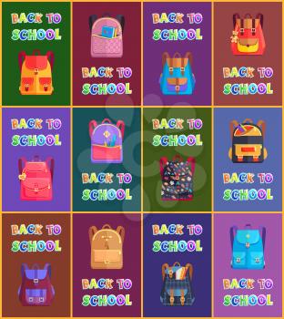 Back to school bags of pupils. Schooling with rucksacks having pockets and patterns. Closed backpacks of children and colorful text posters set vector