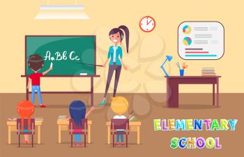 Elementary school grammar lesson in classroom with teacher and pupils poster. Chalkboard with alphabet, clock and placard, table with drawing utensils