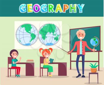 Geography school lesson in classroom with world map, chalkboard and globe poster. Vector teacher and listening children with book cartoon characters.