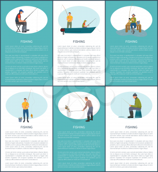 Fishing poster set including sitting and standing fishermen in motorboat and on ground or pier. Vector fishery outdoor actirvity flyer with text.