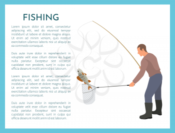 Fishing situation with man trying to catch fish with landing net and rod poster. Vector sport, fisherman with spinning fishery gear and take or haul.
