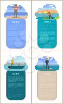 Fishing sportsman throwing rod, fisher holding big predator pike, fisnman on pier with fish in hands and seamen in motorboat. Fishery activity poster.