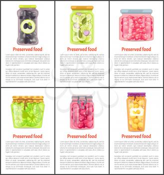 Preserved food vector glass labeled and unlabeled jars. Homemade canned vegetables, fruit and berries conservation poster with space for recipes.